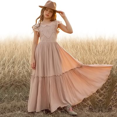 Elegant Lace Children Boho Long Dress for Holiday Flower Girls Princess Wedding Party Dresses Kids Casual Clothes for 3-8 Yrs