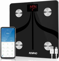 RENPHO Body Fat Scale Weight Bathroom Smart Digital Bluetooth Scale USB Rechargeable with Smartphone App , Body Composition Monitor for Body Fat, BMI, Bone Mass, Weight, 396 lbs Black