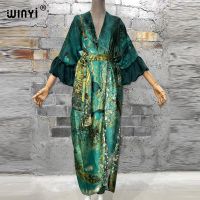 WINYI แฟชั่นพิมพ์ Self Belted ชุดผู้หญิงฤดูร้อนวันหยุด Bubble Sleeve Cardigan Beach สวมชุดว่ายน้ำ Cover Up Kimono