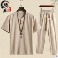 [COD] new mens solid short-sleeved V-neck Chinese style linen loose casual suit factory direct supply