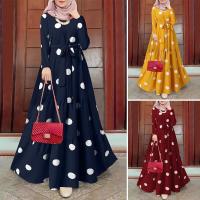 Womens Dress Vintage Polka Dot Print Robe Dress Islamic Muslim Clothing