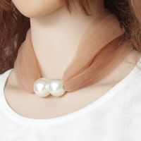 Women Thin Organza Statement Necklace Pendant Scarf Pearl Decoration Bib Scarf Long Neck Scarves Silk Neckerchief