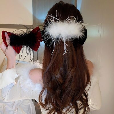 [COD] and winter feather bow hairpin female personality back head spring clip popular hair accessories temperament headdress