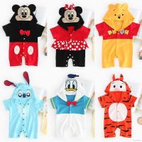 LOK04208 Newborn Romper Infant Baby Cartoon Animal Print Short Sleeve Hoodie Bodysuit Jumpsuit Overalls Infants Onesie Clothes 0-18 Months