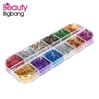 ㍿ BeautyBigBang 12 Colors Nail Art Foil Sticker Leaf Gold Silver Flakes Chunky Glitter Manicure Makeup Xmas DIY Nail Decoration