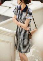 Brand counter tail goods age reduction Polo collar short-sleeved striped T-shirt skirt mid-length dress summer new