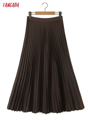 Tangada 2022 New Women Satin Pleated Midi Skirt Vintage Side Zipper Ladies Chic Mid Calf Skirts 8H150