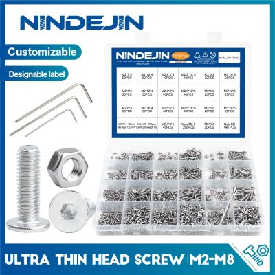 NINDEJIN Ultra Thin Head สกรูชุด M2-M8ซ็อกเก็ตสแตนเลส Hexagon Ultra Low Profile เวเฟอร์หัวแล็ปท็อปสกรู Nut Assortment