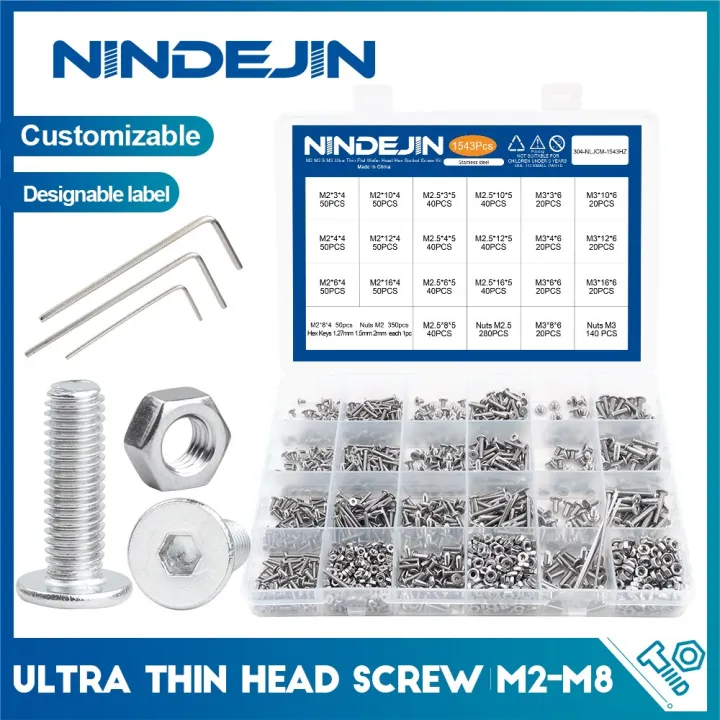 NINDEJIN Ultra Thin Head Screw Set M2M8 Stainless Steel Socket Hexagon
