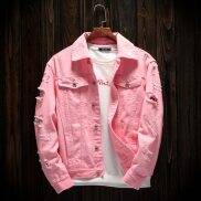 Người Đàn Ông Màu Hồng Áo Khoác Denim Áo Khoác Ngoài Áo Khoác Bò Mới Cho