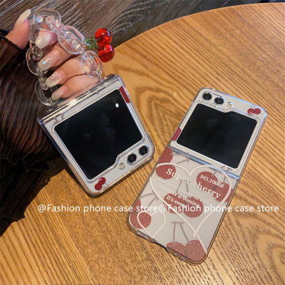 เคสโทรศัพท์ Samsung Galaxy Z Flip5 Flip4 Flip3 5G เคสการ์ตูนเชอร์รี่สีแดงหวานน่ารักพร้อมสร้อยข้อมือซิลิโคนใสเคสนิ่มกันกระแทก Phone Case เคส Samsung ZFlip5 2023