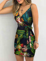 Tropical Print V-Neck Wrap ชุดลำลองผู้หญิงแขนกุด Summer Holiday Mini Dress