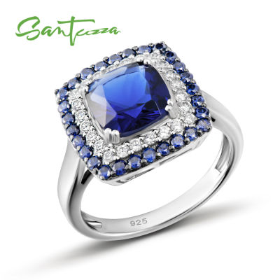 SANTUZZA 925 Sterling Silver Ring For Women Fashion Square Sparkling Blue Cubic Zirconia Green Agate Spinel Party Fine Jewelry