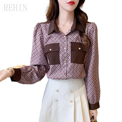 REHIN เสื้อเชิ้ตผ้าชีฟองแขนยาวสำหรับผู้หญิง,เสื้อเบลาส์สตรีลายสก็อตแบบใหม่สำหรับฤดูใบไม้ร่วงปี2021
