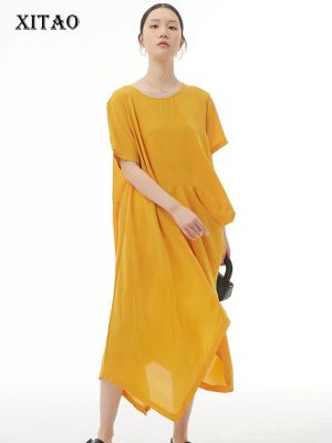 XITAO Dress Women Casual Asymmetrical Folds Patchwork T-shirt Dress