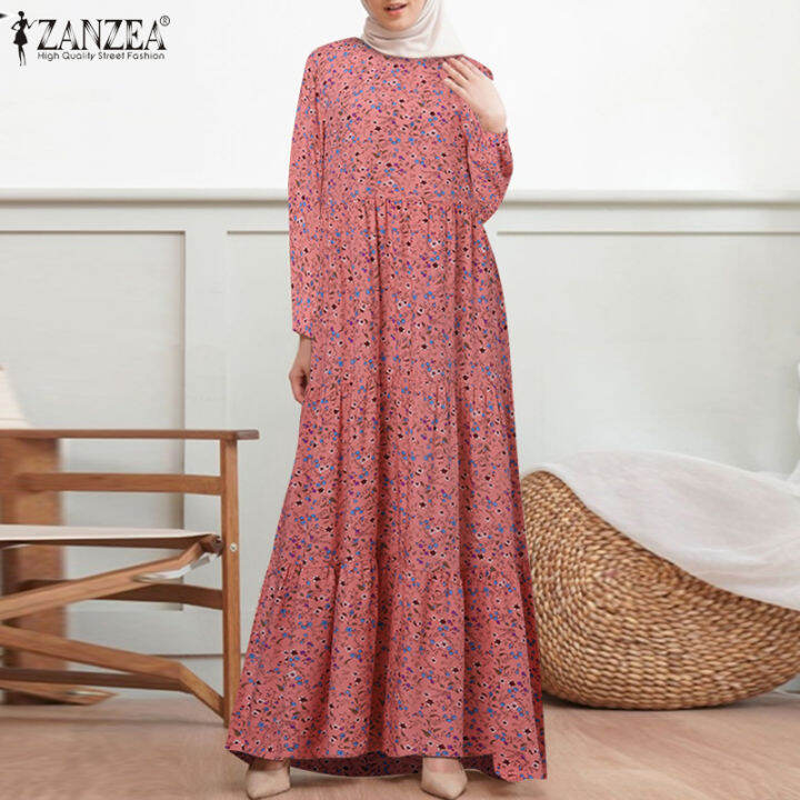 ZANZEA Muslimah Women Muslim Dresses Kaftans Floral O-Neck Puff Sleeve  Layered A-Line Sundress | Lazada Singapore