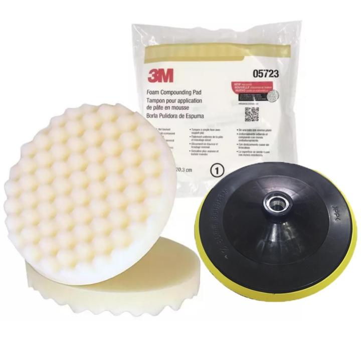 3M (x2แผ่น) ฟองน้ำขัดหยาบ สีขาว ขนาด8นิ้ว หลังสักหลาด 05723 Foam Compounding Pad + แป้นจับฟองน้ำขนาด 7"เกลียว M16