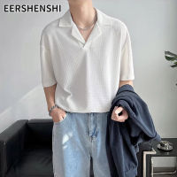 EERSHENSHI เสื้อแขนสั้นโปโลผู้ชายน้ำหนักเบา เสื้อโปโลแขนสั้นถักคอวี