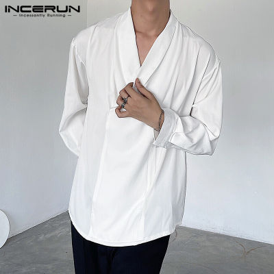 แขนยาวสำหรับผู้ชาย INCERUN เสื้อเรียบง่ายสบายๆเสื้อปก (สไตล์เกาหลี)