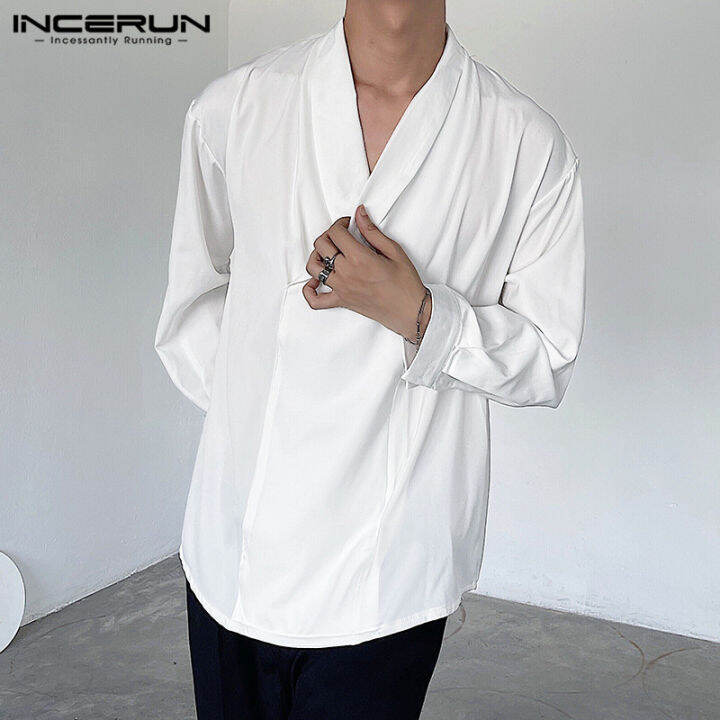 แขนยาวสำหรับผู้ชาย-incerun-เสื้อเรียบง่ายสบายๆเสื้อปก-สไตล์เกาหลี