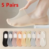 5Pairs Women Invisible Boat Socks Breathable Silicone Non-slip Ultra-thin Sock Slippers High Quality Elastic Ice Silk Low Sox