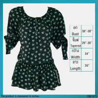 USED H&amp;M - Black Green Floral Peplum Top | เสื้อแขนสั้นสีดำ สีเขียว เสื้อบาย เสื้อแขนพอง ลายดอก ลายใบไม้ โบว์ ระบาย แท้ มือสอง