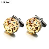 【CW】 Lepton Watch Movement Cufflinks for immovable Gold Color Steampunk Gear Mechanism Cuff links Mens Relojes gemelos