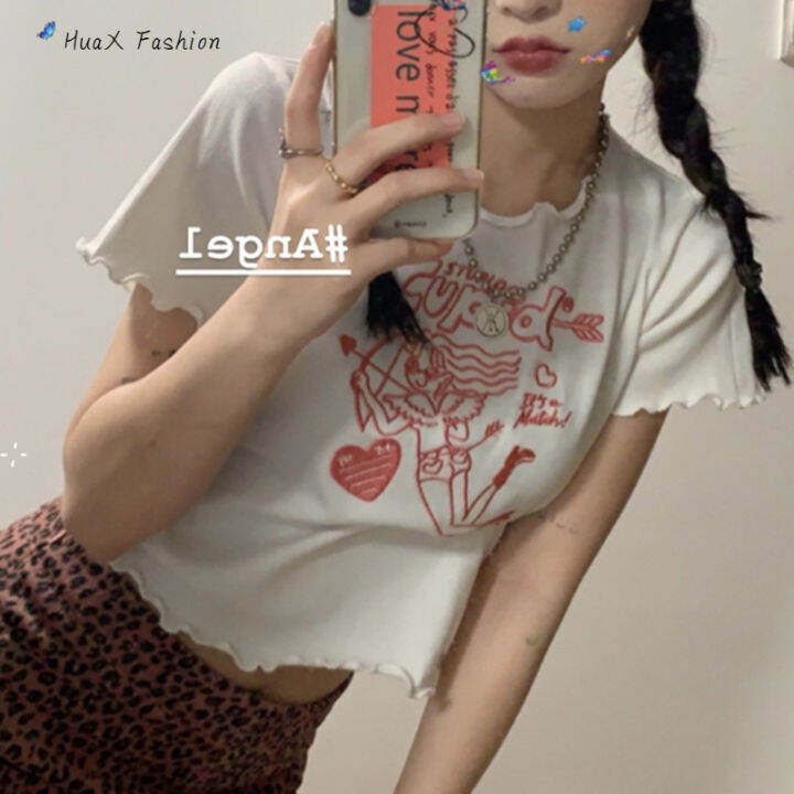 huax-เสื้อยืดสตรีผ้าไหมสีขาวสั้นไม่สม่ำเสมอ-crop-top-เสื้อปักลาย