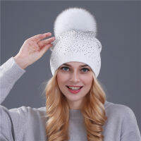 [Xthree] women winter beanie hat Rabbit fur wool knitted hat the female of the mink pom pom Shining Rhinestone hats for women