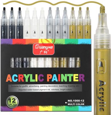 Acrylic Paint Pens 12 Pcs (3 Black 3 White 3 Gold 3 Silver) 3mm Permanent Painting Marker DIY Craft for Rock Ceramic Glass Wood