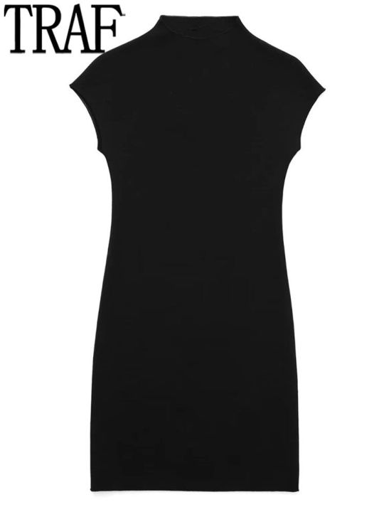 ชุดเดรสถักสีดำสำหรับผู้หญิง-traf-2023ชุดเดรสถักสีดำแขนกุดคอสูงผู้หญิงชุดกระโปรงสั้นที่สง่างามชุดเดรสบอดี้คอนขนาดเล็กชุดเดรสปาร์ตี้
