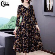 Oooo Women s dress Korean version retro waist printing V-neck long