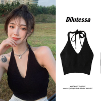 Dilutessa เสื้อครอปของผู้หญิงสไตล์เกาหลีแขนกุดถักสีทึบเสื้อคล้องคอคล้องคอ