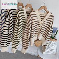 ☍◐ HUACHACHA สเวตเตอร์ถักลายทางนิ่มเสื้อแจ็คเก็ตลำลองแขนยาวคอวีคาร์ดิแกน