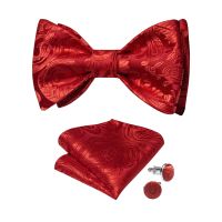 Fashion Red Mens Paisley Bowtie Pocket Square Cufflinks Set for Party Business Groom Wedding Silk Mens Self-tie Bow Tie Gift Hair Accessories