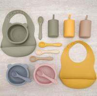 BPA Free Baby Silicone Feeding Set Waterproof Bib For Newborns Cute Animals Sucker Bowl Cup Spoon Dishes Plate Tableware Bowl Fork Spoon Sets