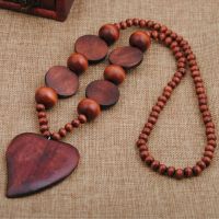 Women Bohemian Style Personality Wood Beads Heart Pendant Long Necklace Handmade Vintage High Quality Necklaces and Pendants