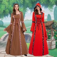 ■ European and American Halloween Costume Middle Ages Retro Dress Square Neck Tie Belt Waist Trumpet Sleeve Large Swing Skirt Wholesale