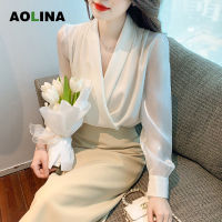 AOLINA ฤดูใบไม้ร่วง/ฤดูหนาวใหม่ทุกการจับคู่คอวีออกแบบเสื้อซาตินแขนยาว