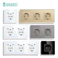 BSEED EU Standard Single Power Socket Crystal Panel 16A Double Wall Outlets Triple Sockets Glass Quadruple Wall Sockets