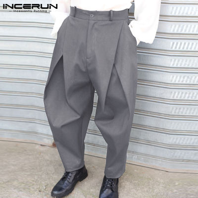 INCERUN กางเกงลำลองผู้ชายสไตล์วินเทจญี่ปุ่นกางเกงชิโน่หลวม Hippy กางเกงขายาวทรงเป้า (สไตล์ตะวันตก)