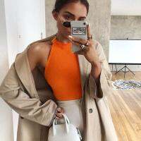 Hang Qiao High waist High Cut Sleeveless Neon Bodysuit Women Skinny Summer Bodysuit Black Orange Body Top Rompers