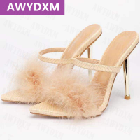 Fur Thin Heels Sandals High Heels y Wedding Slippers Women Shoes 2022 New Summer Fashion Slides Party Dress Mujer Flip Flops