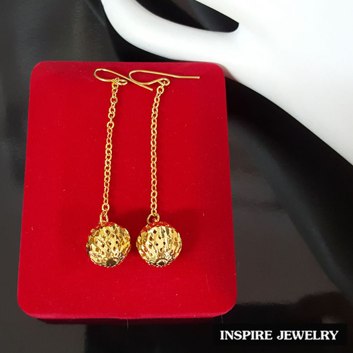 inspire-jewelry-ต่างหูทอง-รูปลูกบอล-แบบตุ้งติ้ง-งานร้านทอง-ปราณีต-หุ้มทองแท้-24k-สวยหรู-พร้อมถุงกำมะหยี่