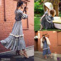 P3800 แม็กซี่เดรสลายทางแขนศอก แต่งพู่ช่วงแขนและช่วงกระโปรง  Elbow sleeve striped maxi dress Embellished with tassels along the sleeves and skirt.