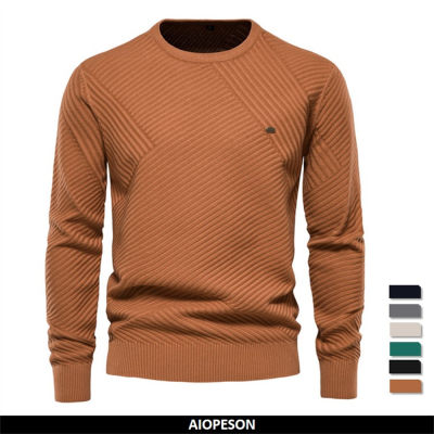 AIOPESON เสื้อสเวตเตอร์ Satu Warna Kapas Lelaki Berjalur O-Leher Dikait Pullover untuk Lelaki Kuberalitinggi Musim Sejuk เสื้อกันหนาว Lelaki