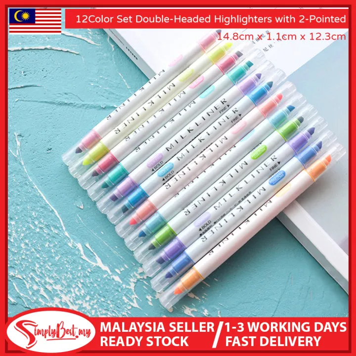 SIMPLYBEST 12pcs Colors Double Headed Highlighter Pen Twin Color Double Sided Highlight Pen Dual Tips Fluorescent Pen