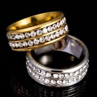 LK❈Womens Mens Fashion Double Rows Rhinestones Titanium Steel Wedding Jewelry Ring