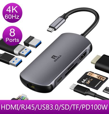 REAKA 4K 60Hz USB C ฮับ Type C ไปยัง HDMI พร้อม RJ45 PD 100W USB 3.0 Sd/ อะแดปเตอร์สล็อตบัตร TF USB C แล็ปท็อป Huawei Xiaomi Feona