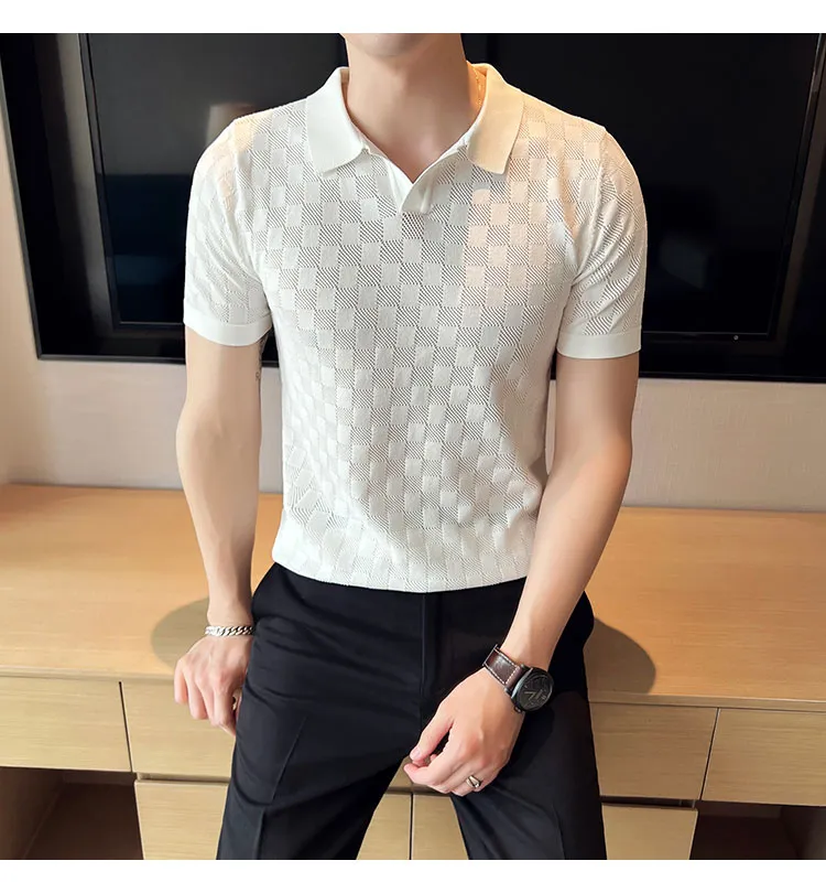 Men Transparent Mesh Knitted Polo Shirt 2022 Summer Short Sleeve V-Neck  Hollow Tee Tops Male Casual Plaid Elastic Polo Shirts - AliExpress